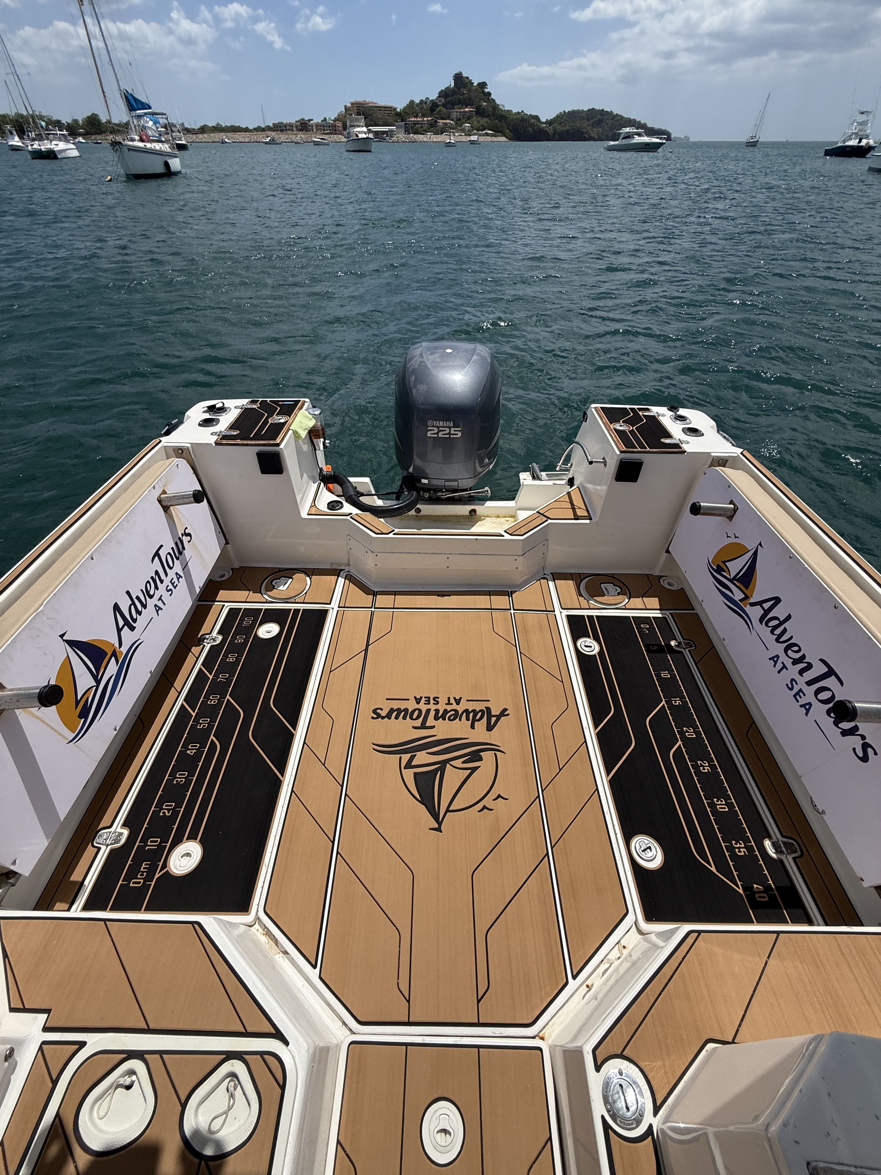 Branded cockpit and Yamaha 225 of the Adventours at Sea walkaround