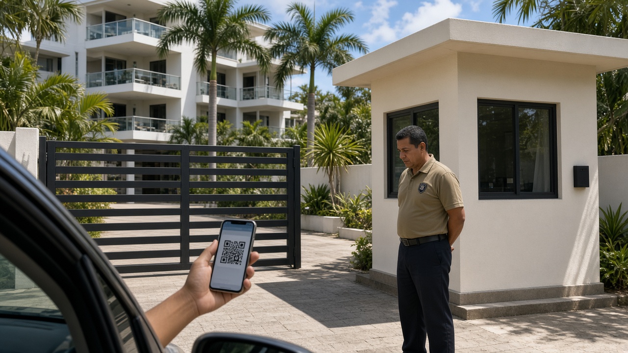 Guardia de seguridad revisa un teléfono en el portón del condominio